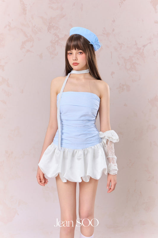 JEAN SOO Blue Drawstring Ruffle Pod Mini Dress