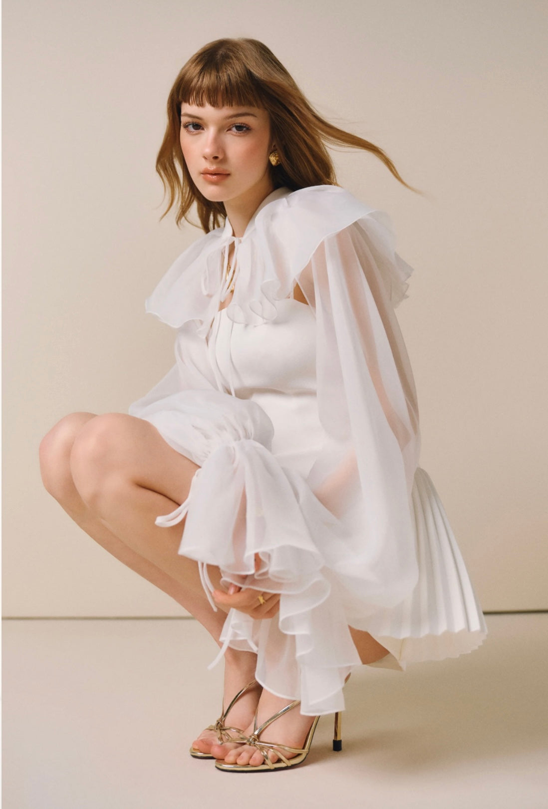CICI WHITE BELLONA Mini Dress with Sheer Cape Overlay