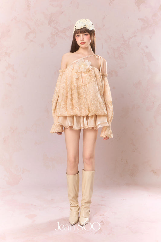 JEAN SOO Nude Lace One Shoulder Mini Dress