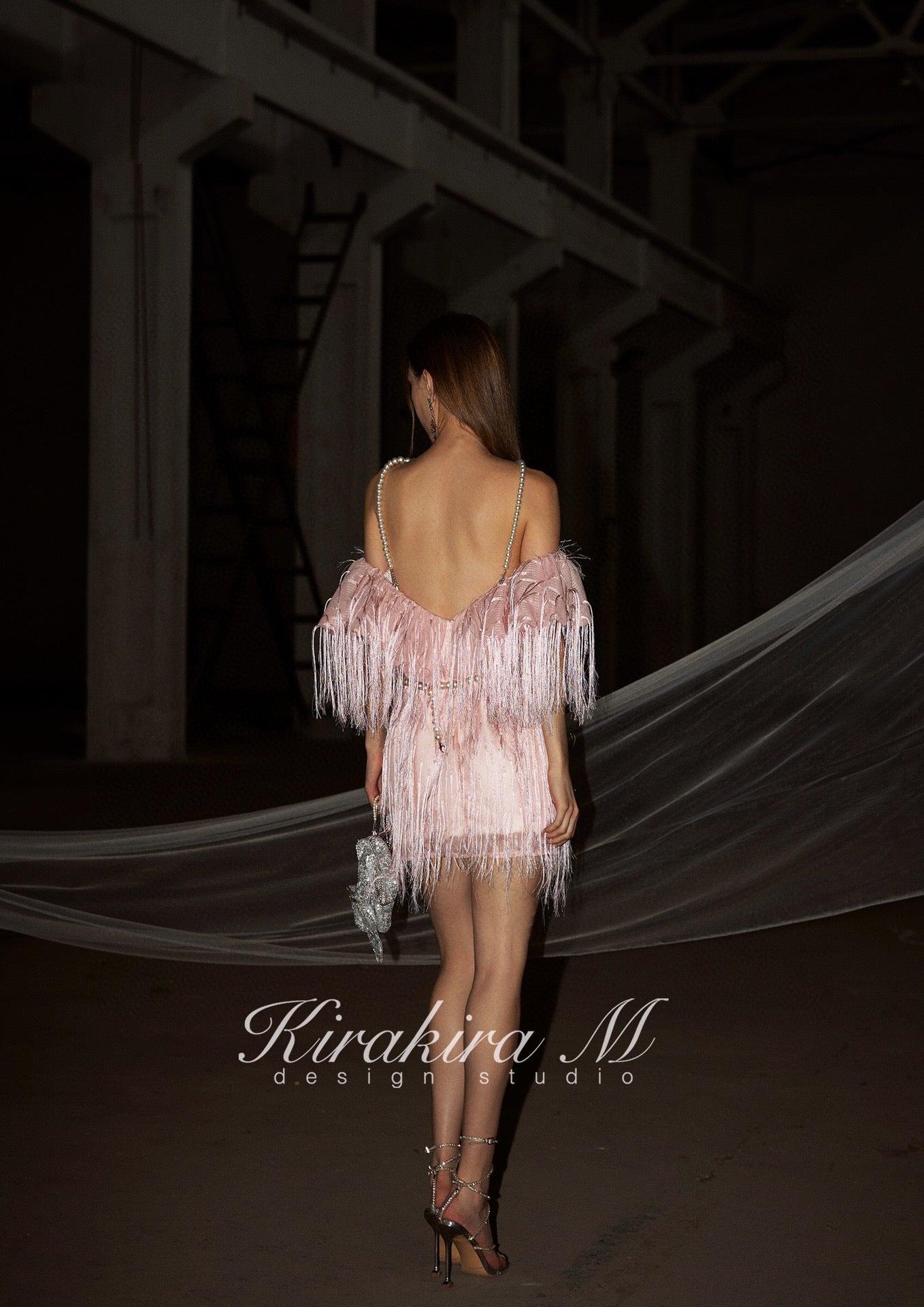 kirakira M Pink Fringed Backless Gown mini Dress