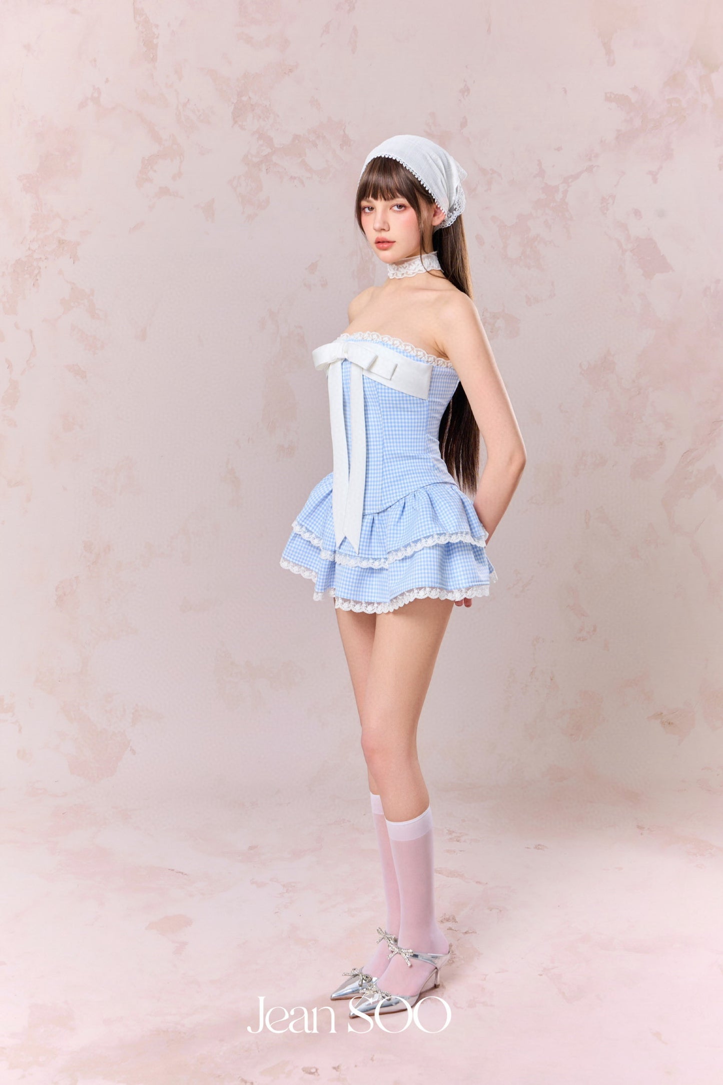 JEAN SOO Blue Plaid Fishbone Top & Lace Cake Mini Skirt