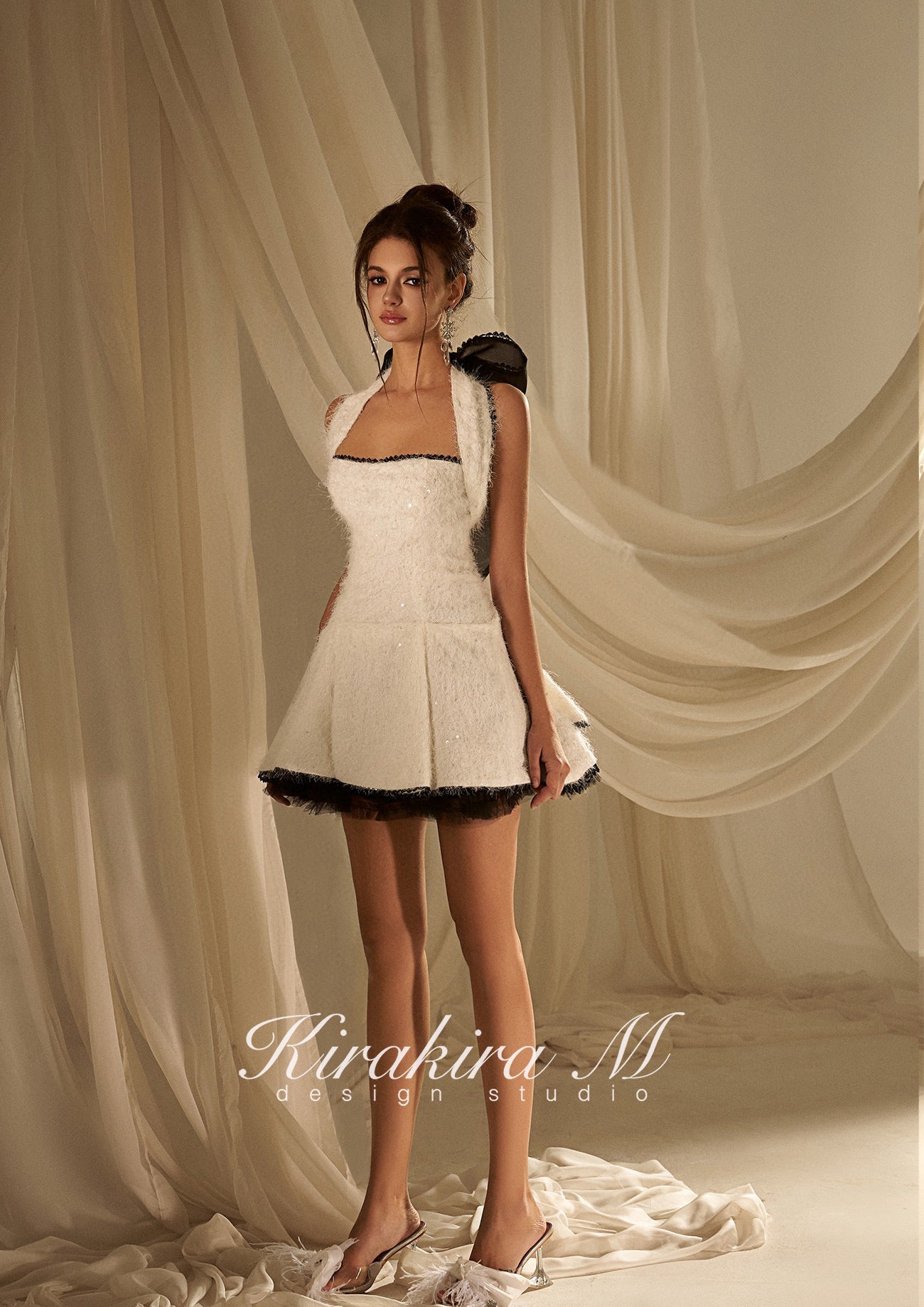 KIRAKIRA M White fuzzy halter mini dress with crystaled detail