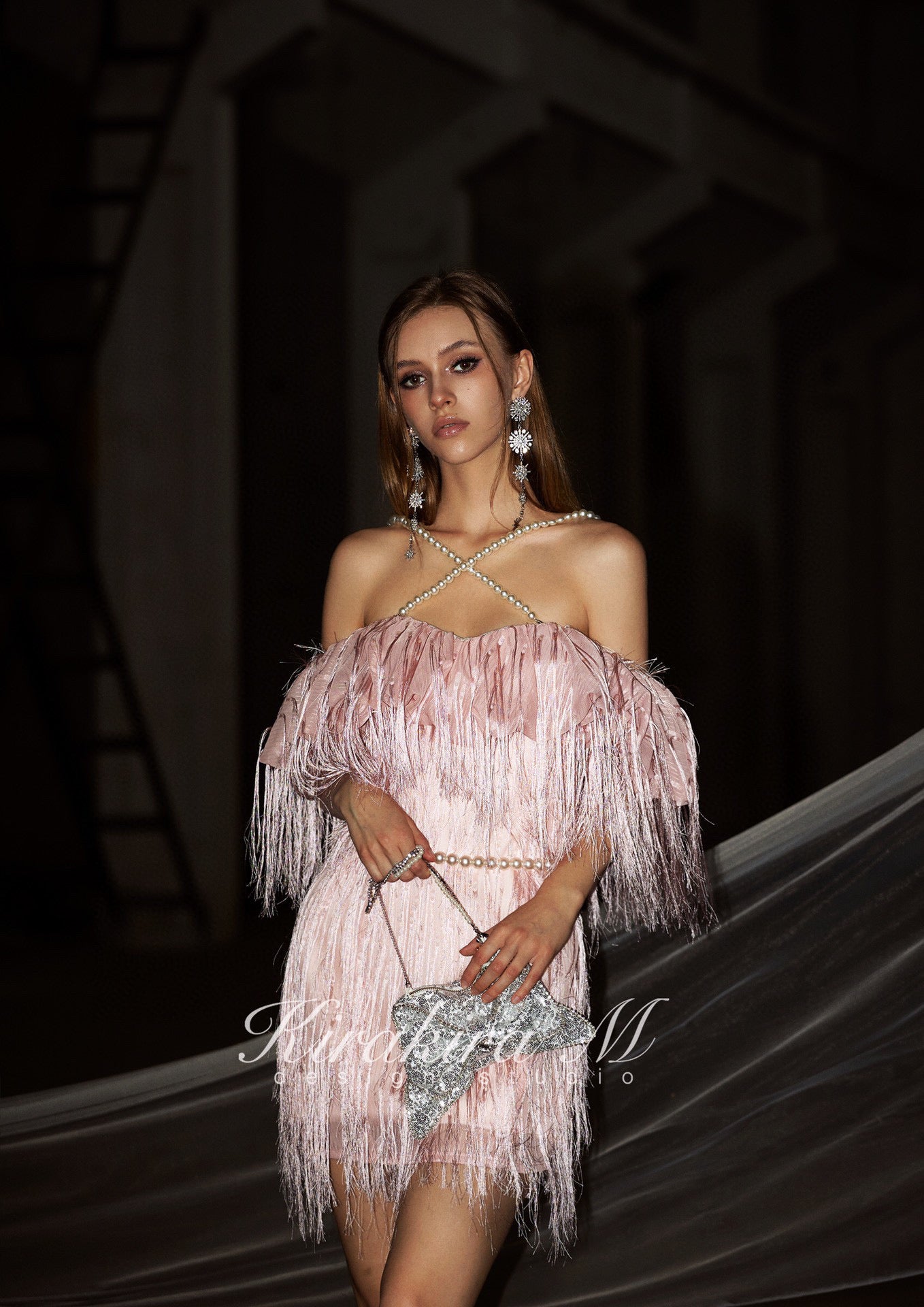 kirakira M Pink Fringed Backless Gown mini Dress