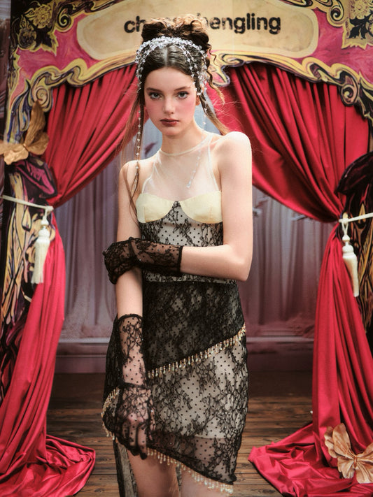 Chengchengling Black Lace Mini Dress