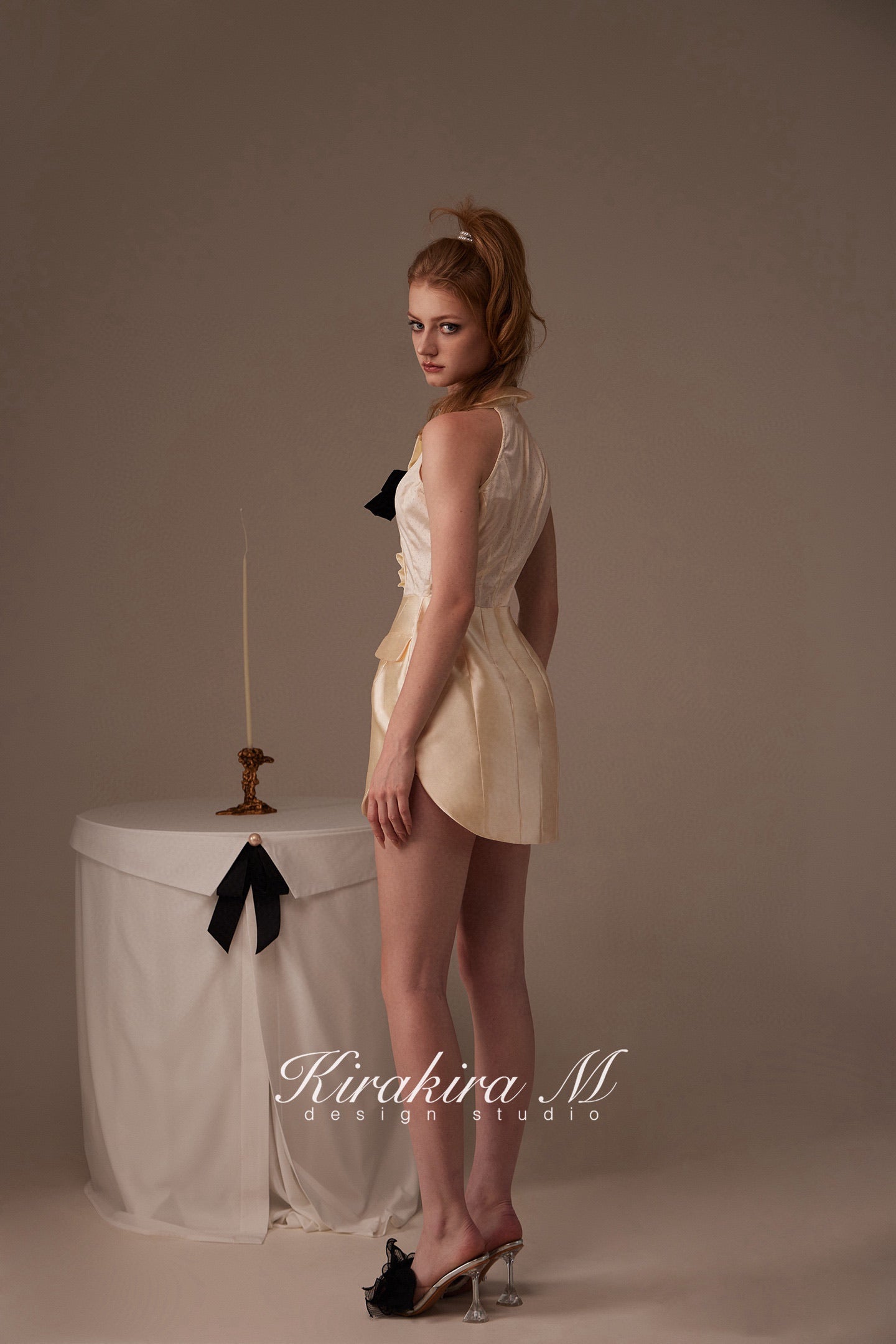 Kirakira M Cream V-neck Bow Mini Dress