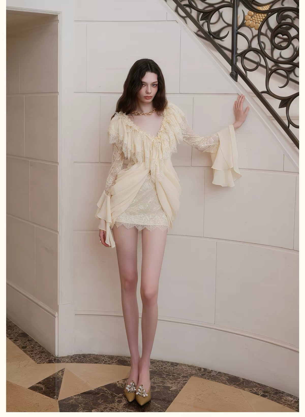 Pink V-Neck Lace Ruffle Long-Sleeve Mini Dress
