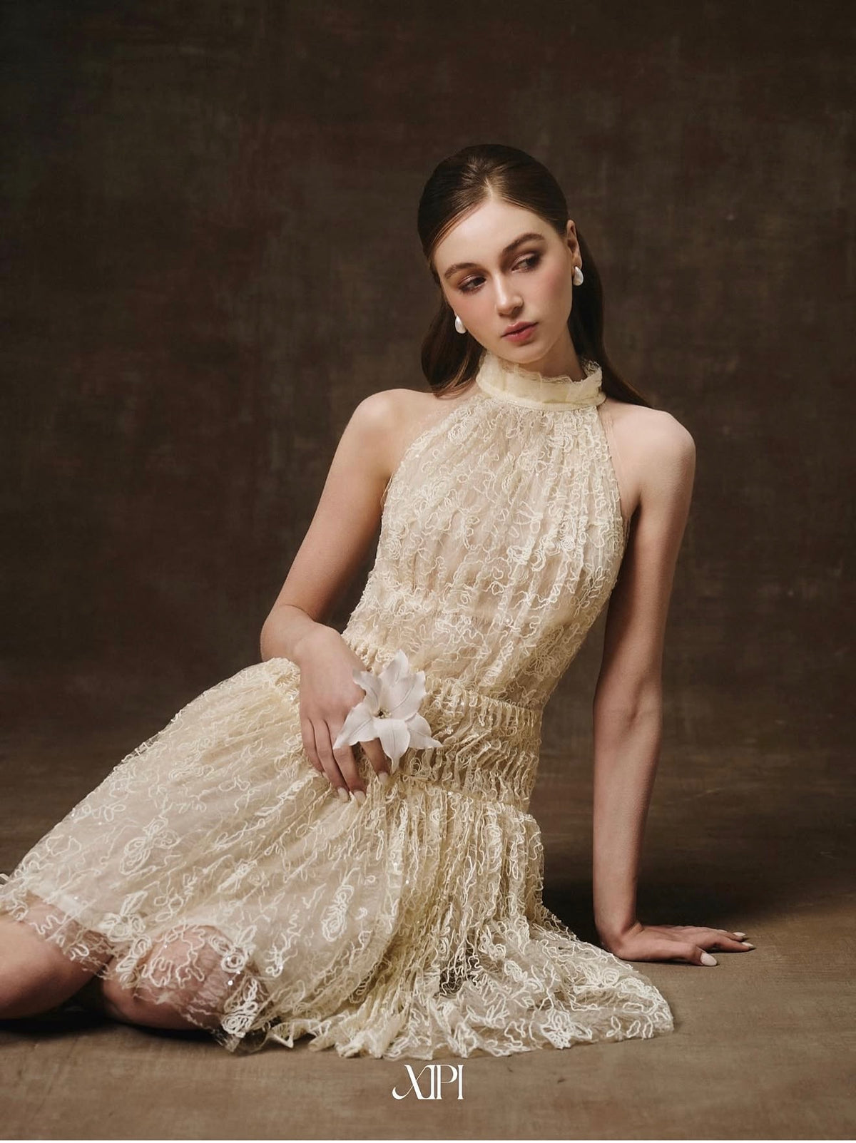 Cream Pleated Halter-neck Lace Narce Midi Dress