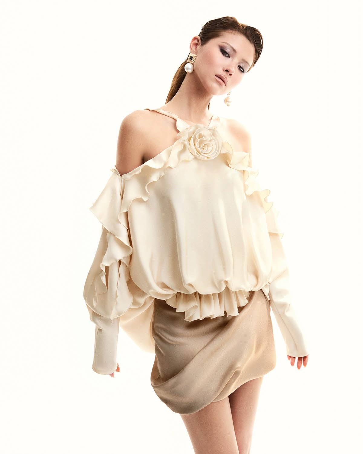 Musthave Cream Petal Top& Gathered Skirt