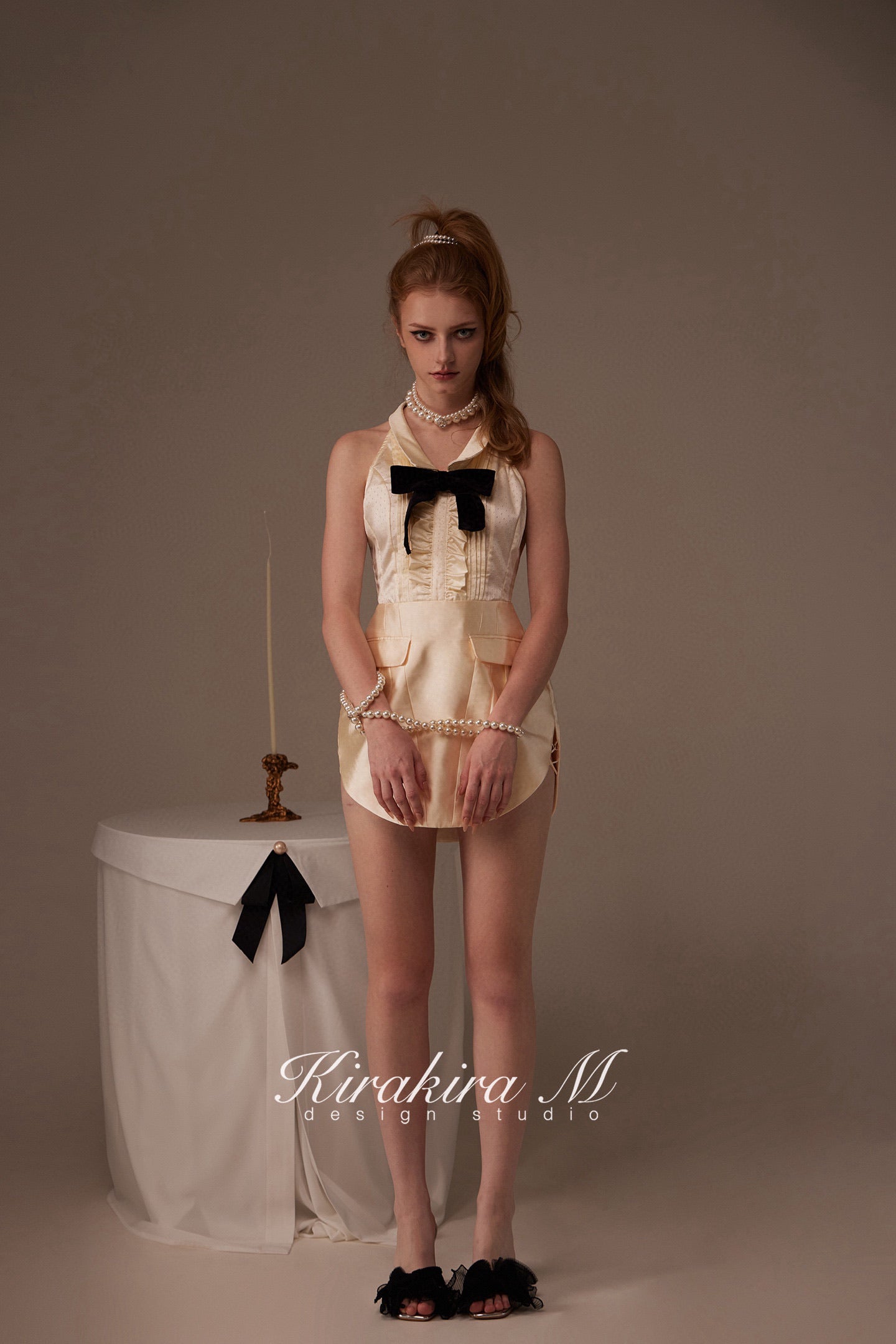 Kirakira M Cream V-neck Bow Mini Dress