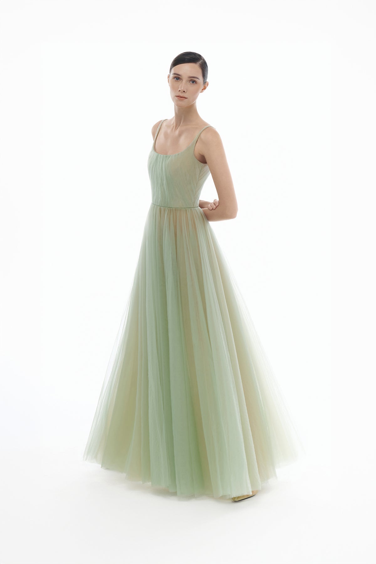 Montstand Brown& Cream& Green Draped Tulle Maxi Dress