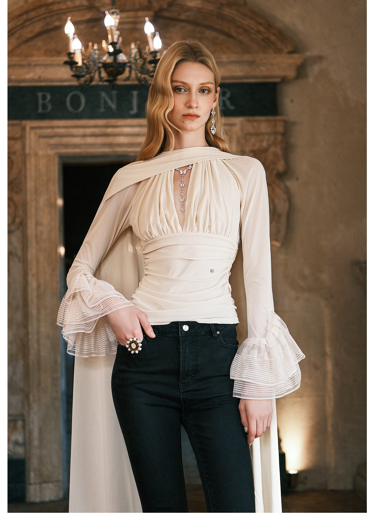 SHEERLUCK Black Nina Halterneck V-neck Ribbon Top