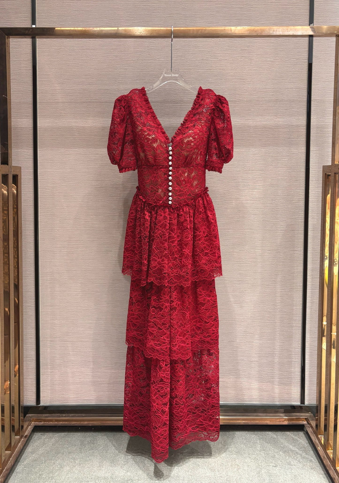 MASION WESTER Rose Red Lace Maxi Dress