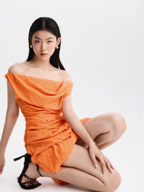 Musthave Black& Orange Shoulder Draped Mini Dress