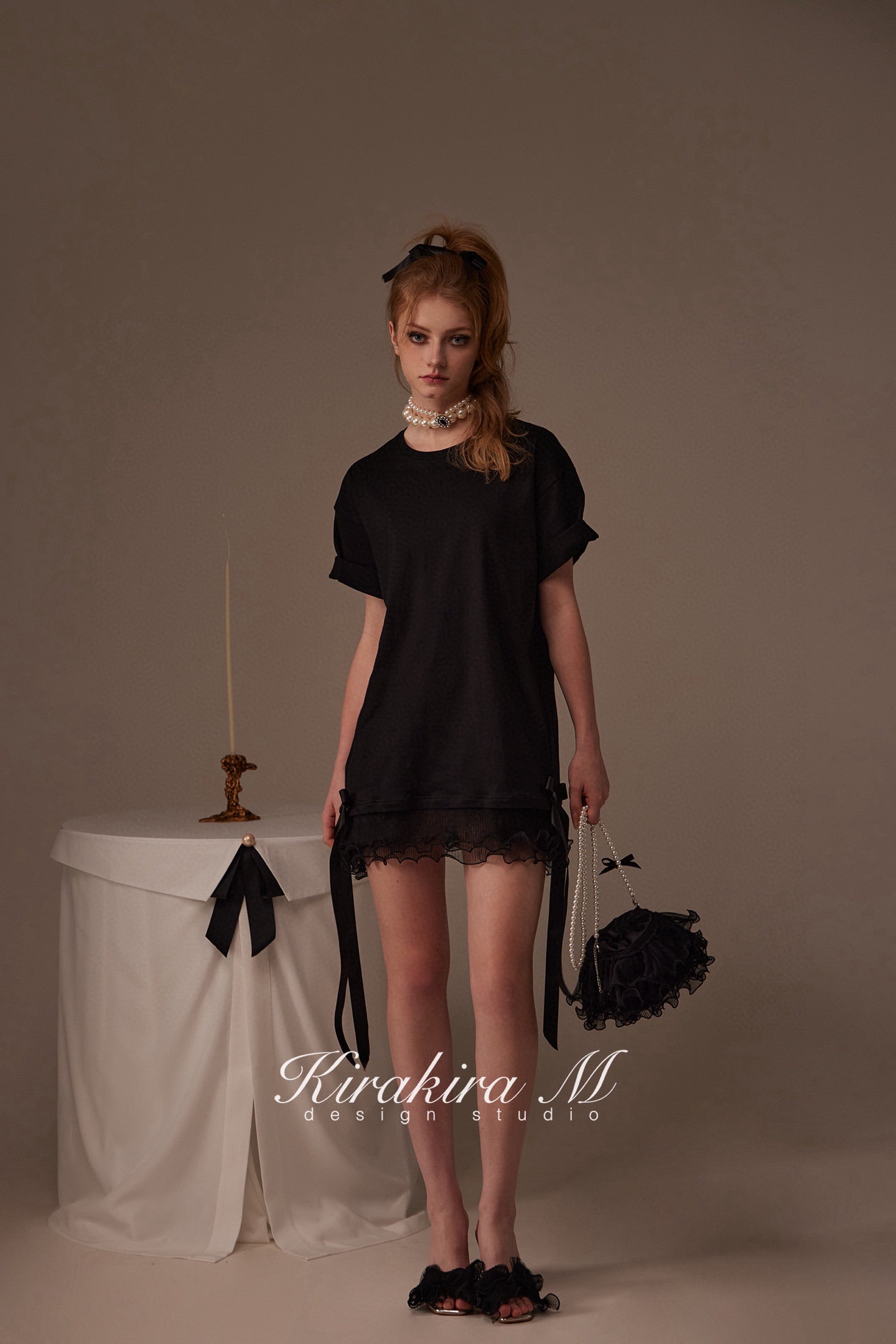 Kirakira M White & Black Bow Top& Lace Shorts& Lace Low Rise Pants