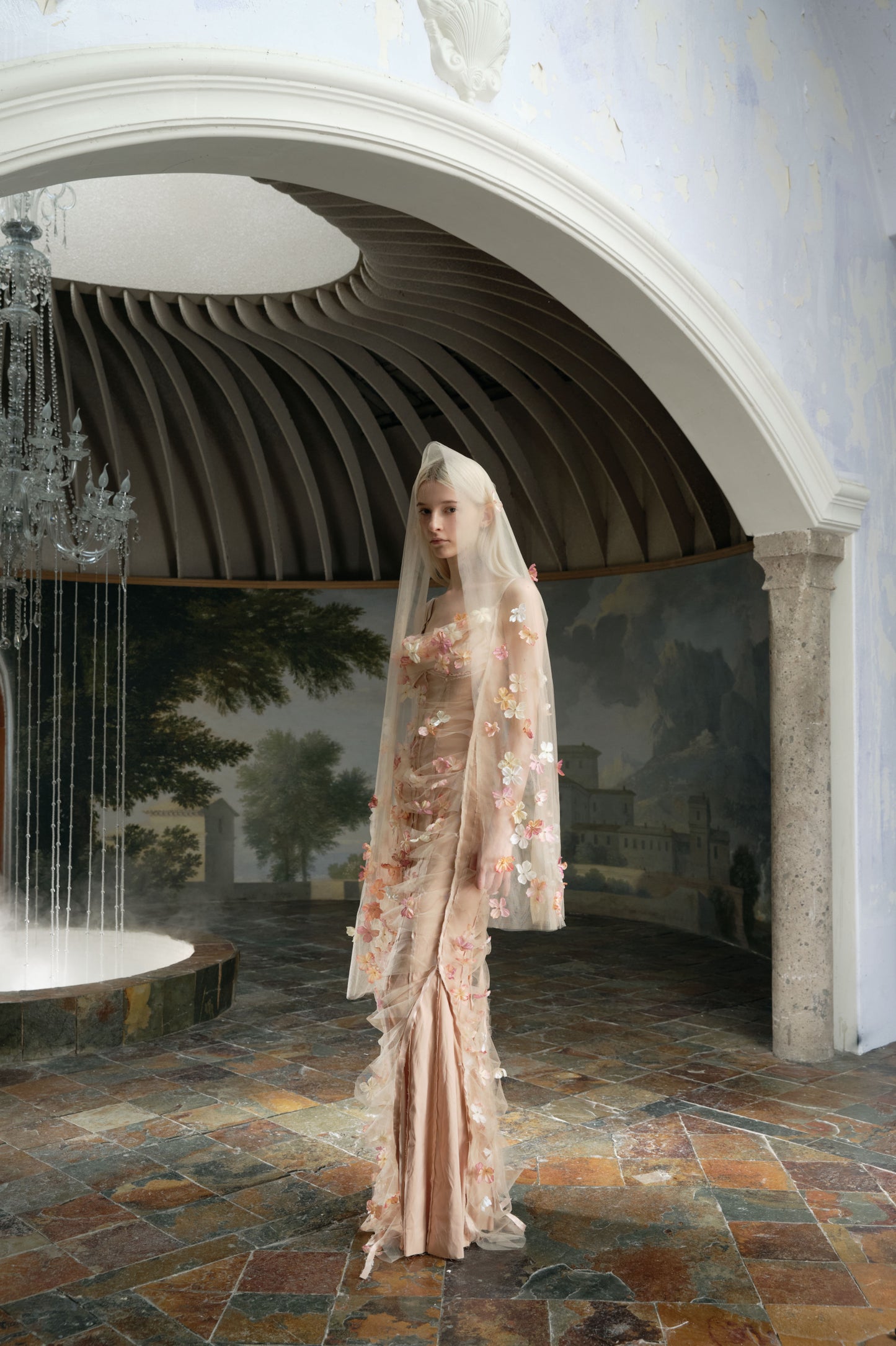 XIANGQIAO SHENG Nude Fantasy Floral Halter maxi Dress & Scarf