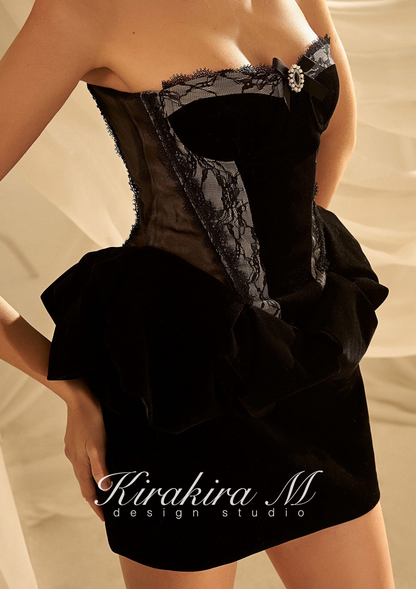 KIRAKIRA M Black velvet strapless mini dress with laced detail