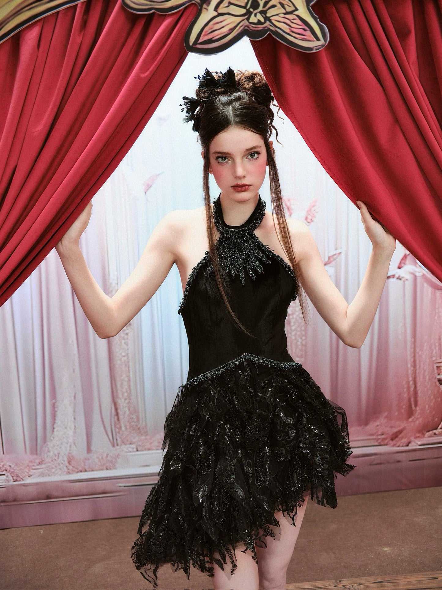 Chengchengling Black Lace Mini Dress