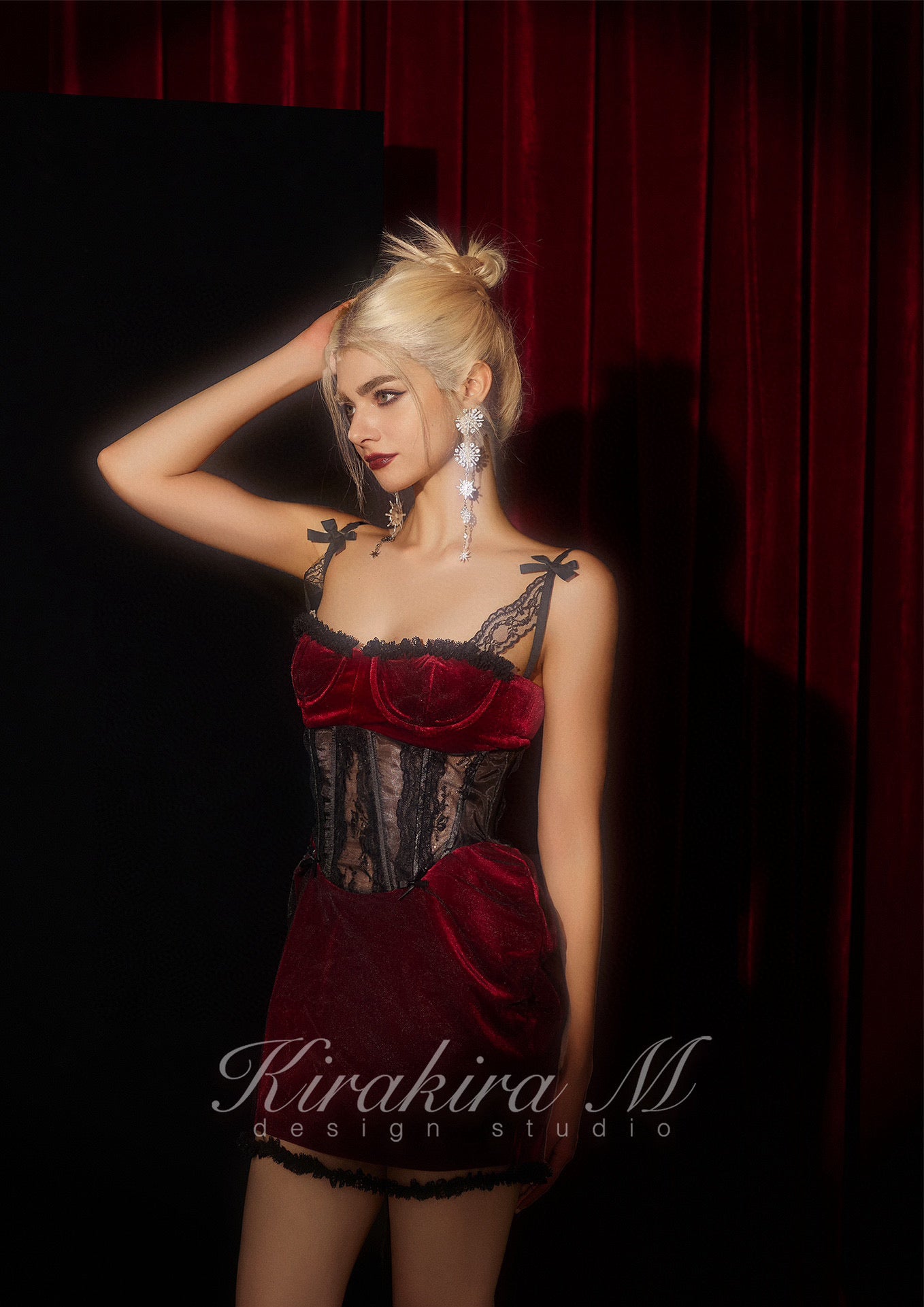 KIRAKIRA M Red velvet with fishbone lacy party Mini Dress