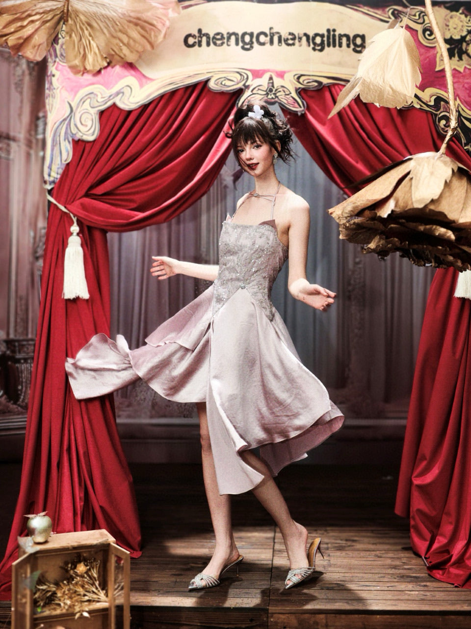 Chengchengling Pink Bling Midi Dress