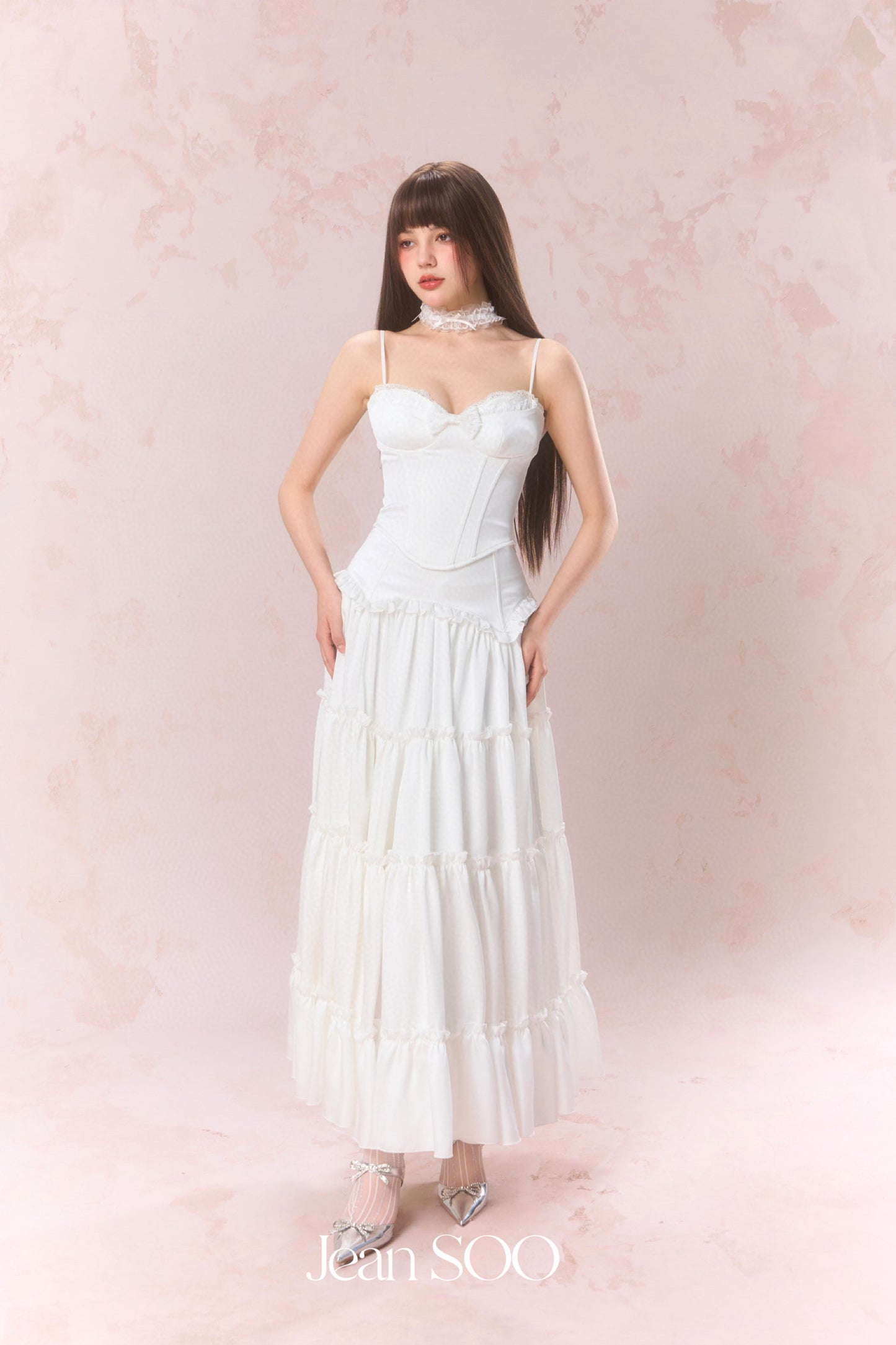 JEAN SOO White Lace Satin Fishbone Top & Split Skirt
