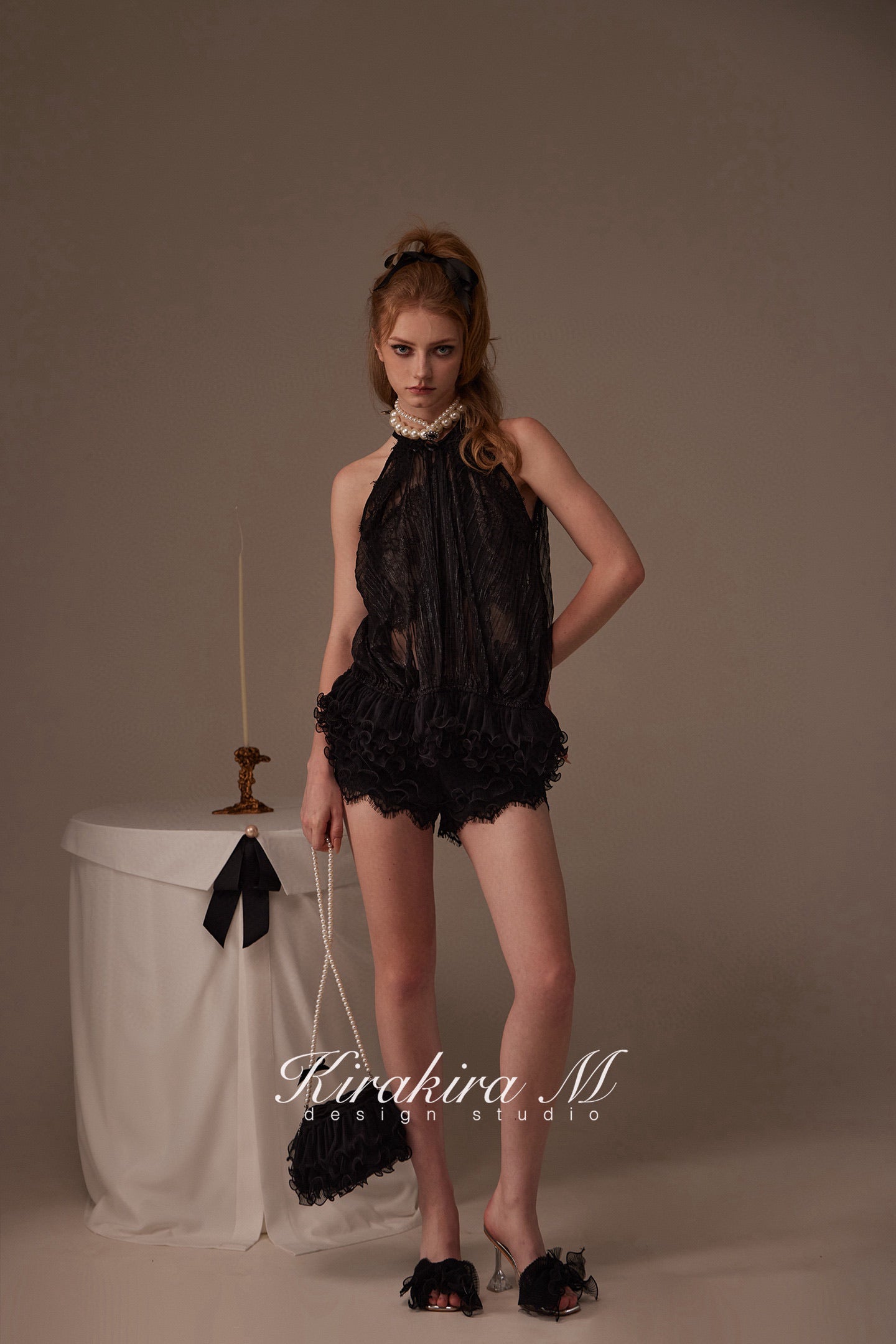 Kirakira M Black Shiny Silk Pleated Lace Hanging Neck Top & Lace Low Rise Trousers & Lace Shorts