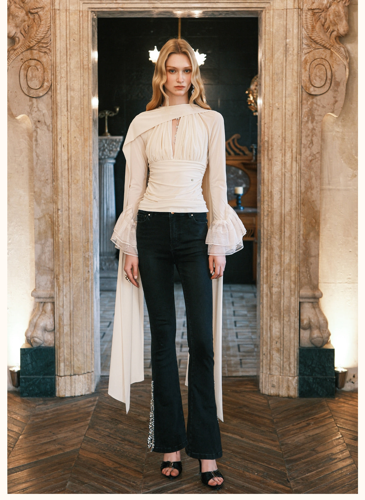 SHEERLUCK Black Nina Halterneck V-neck Ribbon Top