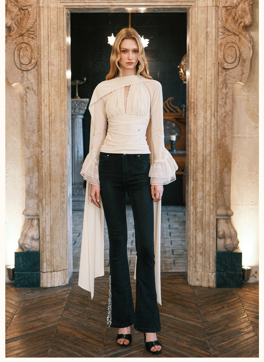 SHEERLUCK White Nina Halterneck V-neck Ribbon Top