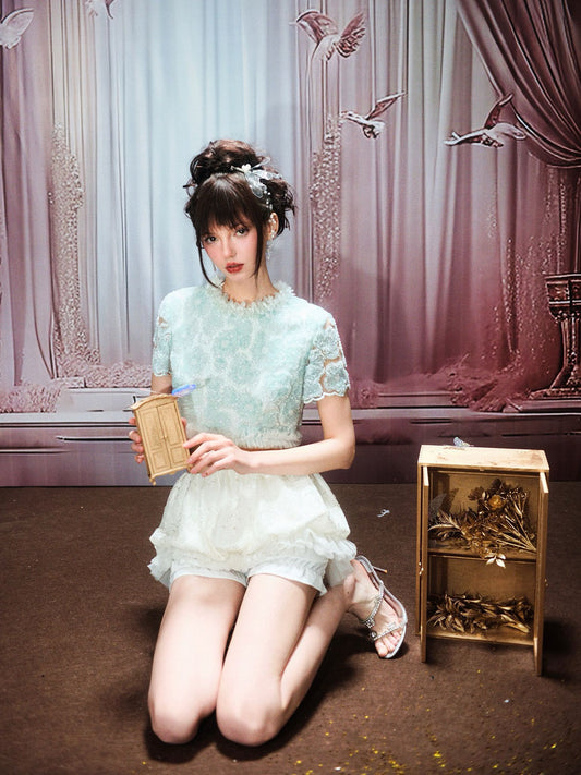 Chengchengling Mint Green Top& White Mini Short