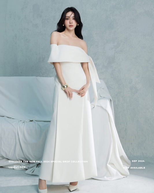 LANE JT White Saby Asymmetric Side Tie Maxi Dress