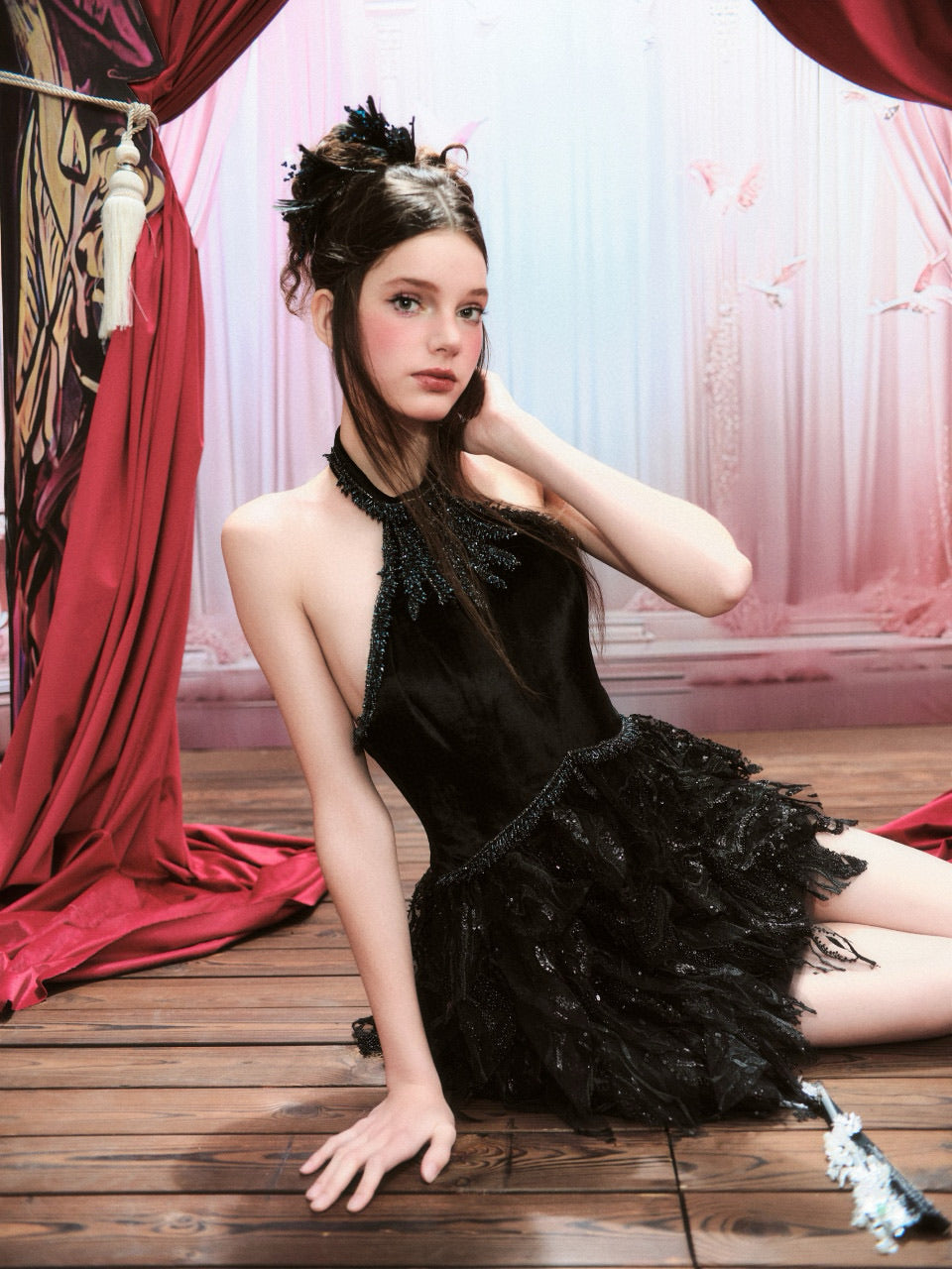 Chengchengling Black Lace Mini Dress