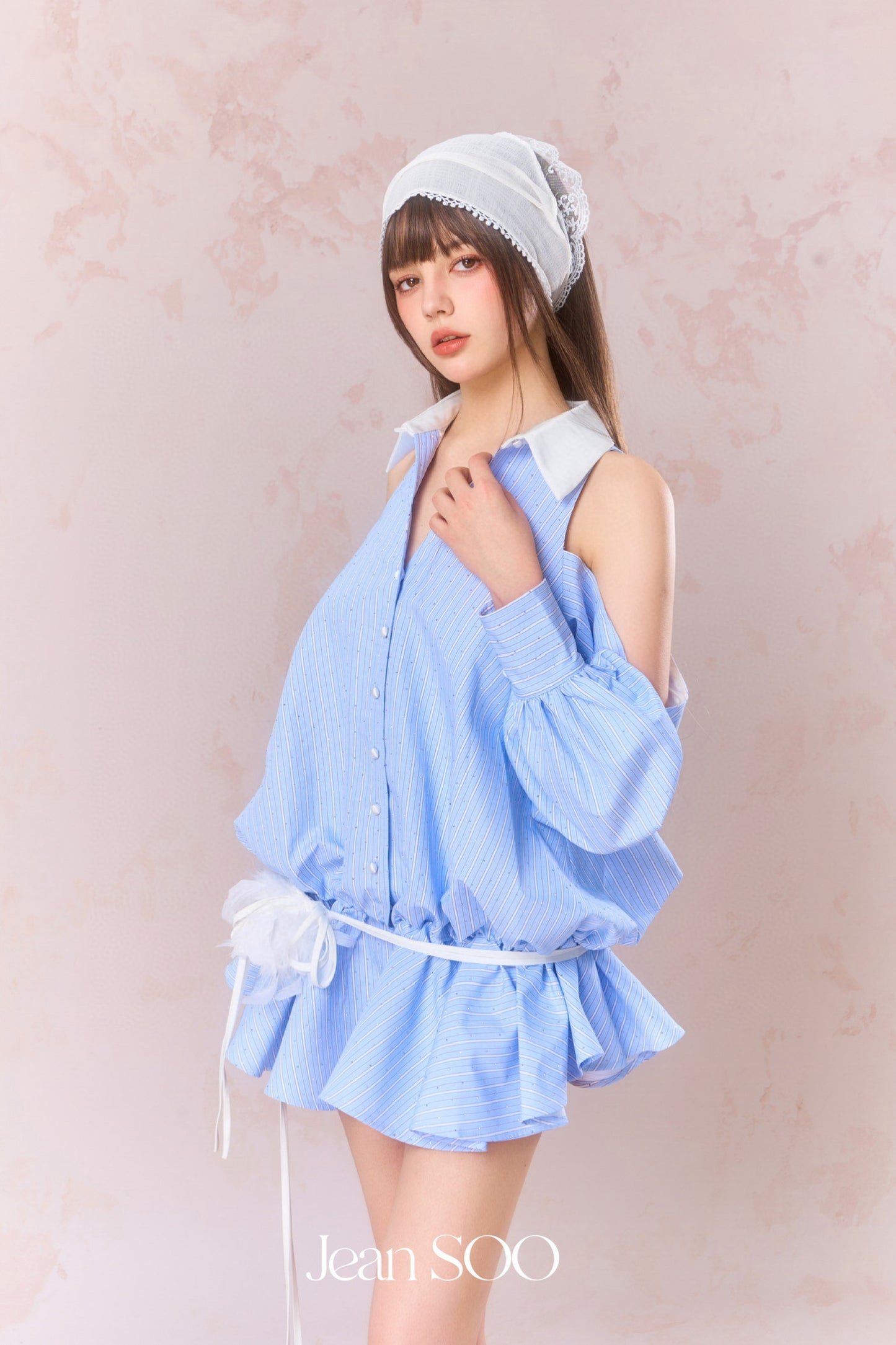 JEAN SOO Blue Studded Diamonds Strapless Low Waist Mini Dress