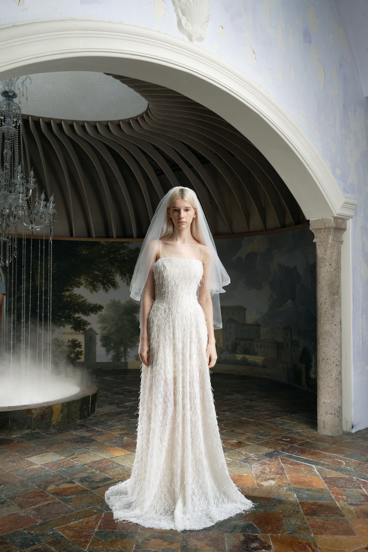 White Feather Fringe Bustier Thin Strap A‑Line Train Bridal Gown Maxi Dress