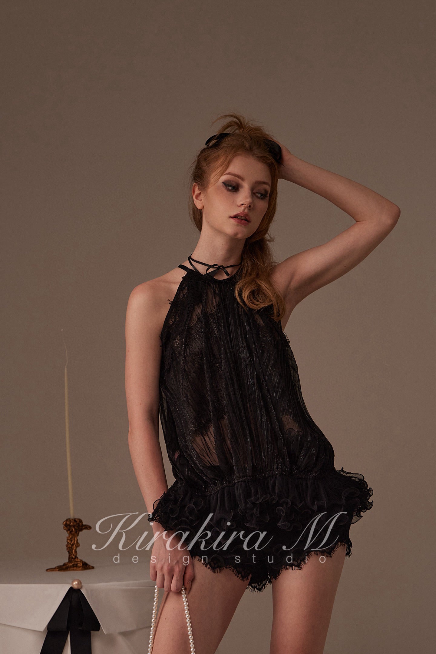Kirakira M Black Shiny Silk Pleated Lace Hanging Neck Top & Lace Low Rise Trousers & Lace Shorts