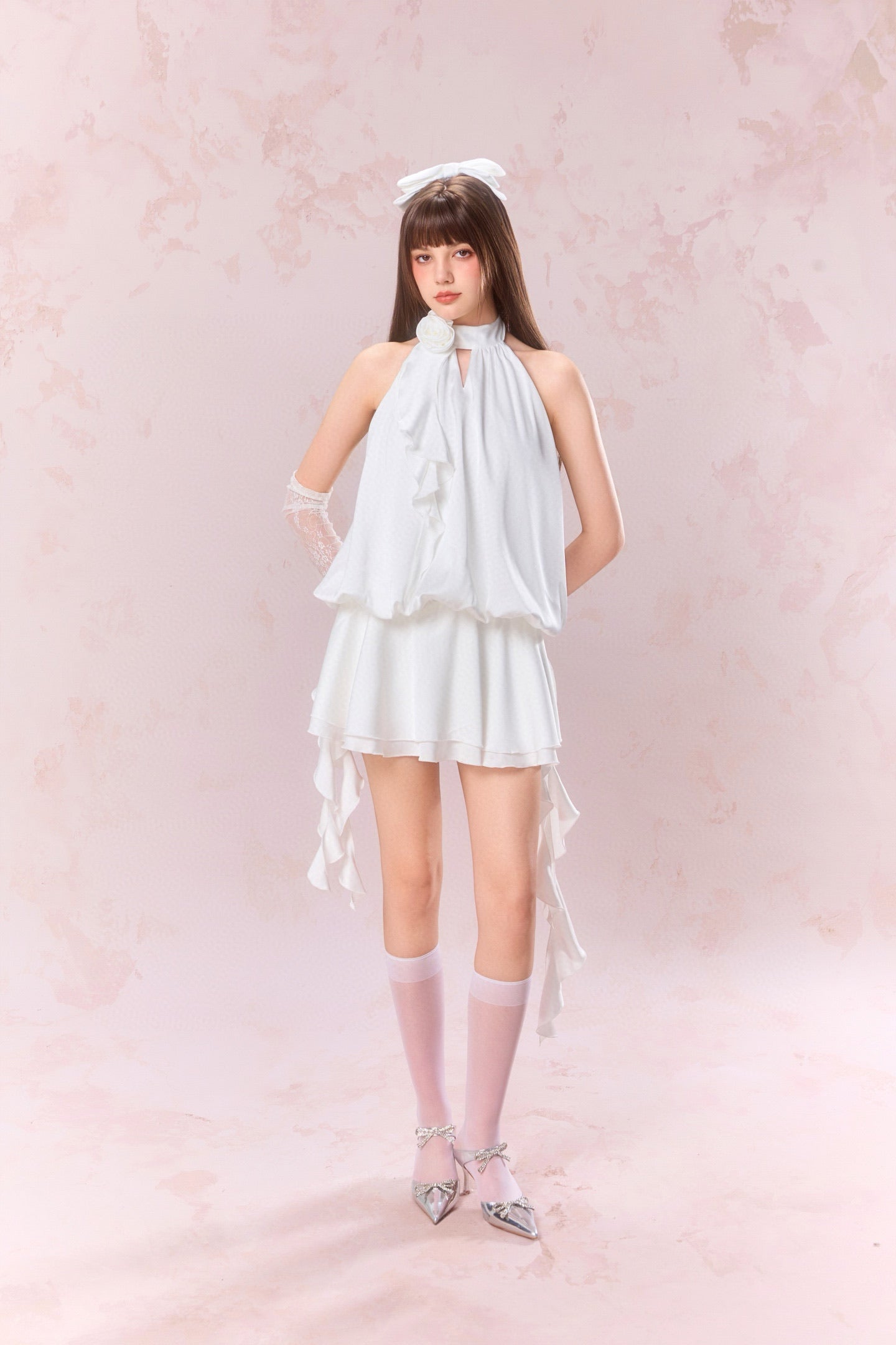 JEAN SOO White Rose Backless Satin Mini Dress