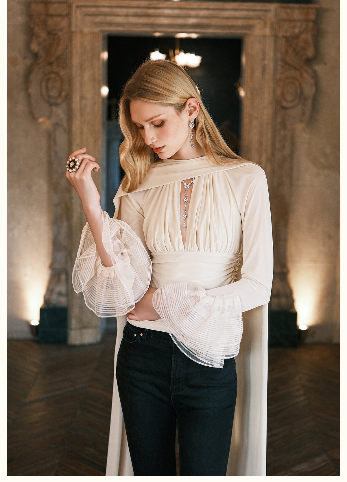 SHEERLUCK Black Nina Halterneck V-neck Ribbon Top