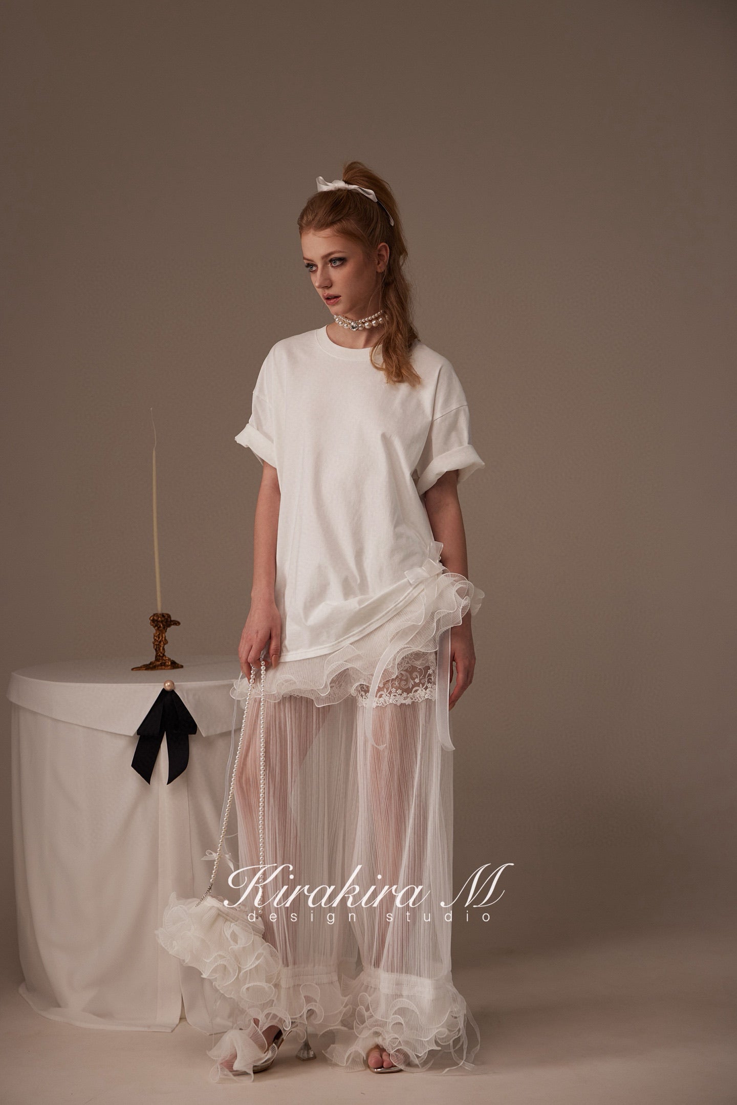 Kirakira M White & Black Bow Top& Lace Shorts& Lace Low Rise Pants