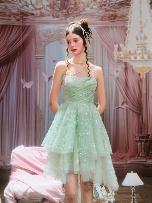 Chengchengling Green Lace Mini Dress