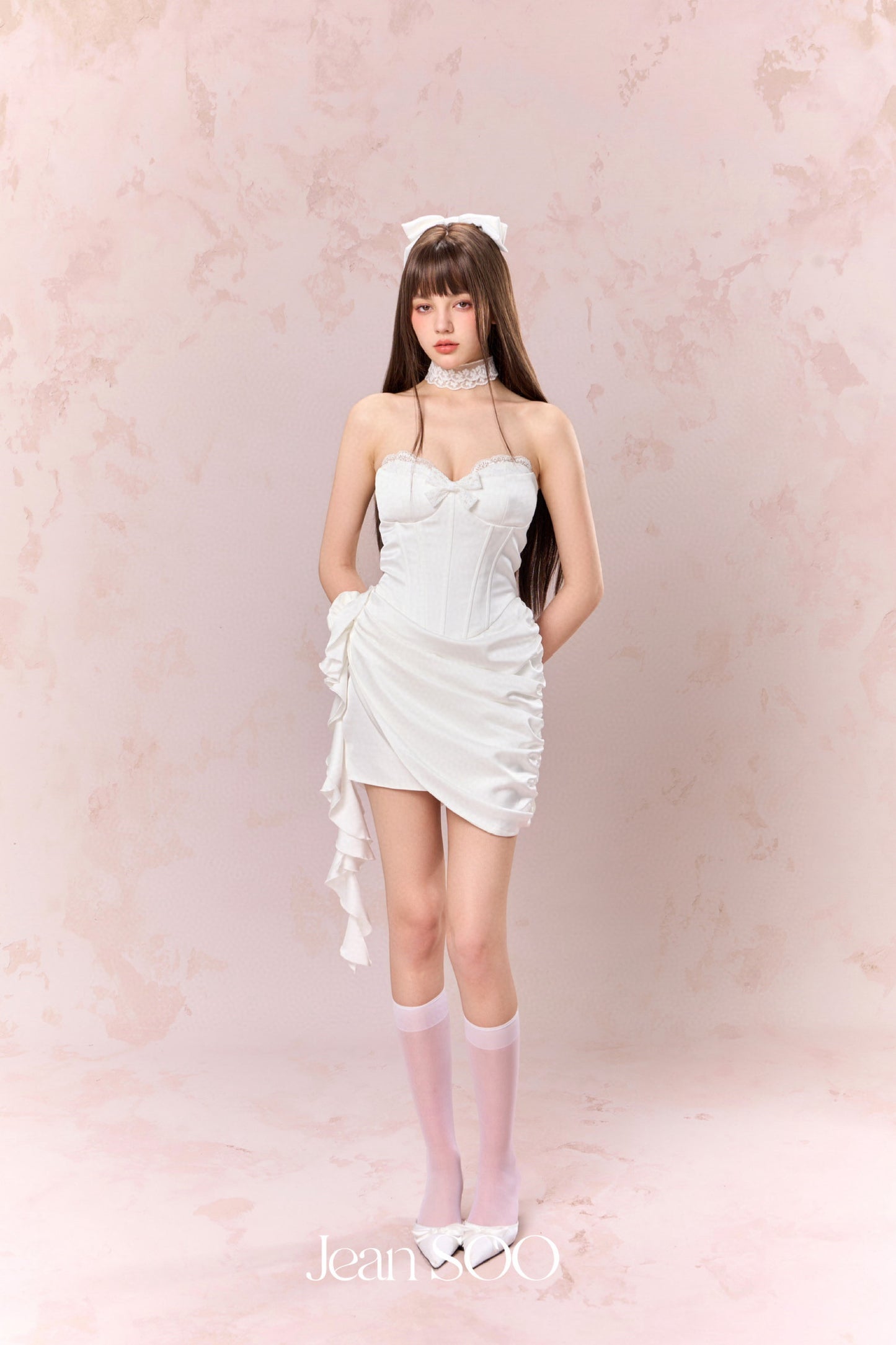 JEAN SOO White Fishbone Waist Slimming Fluttering Mini Dress