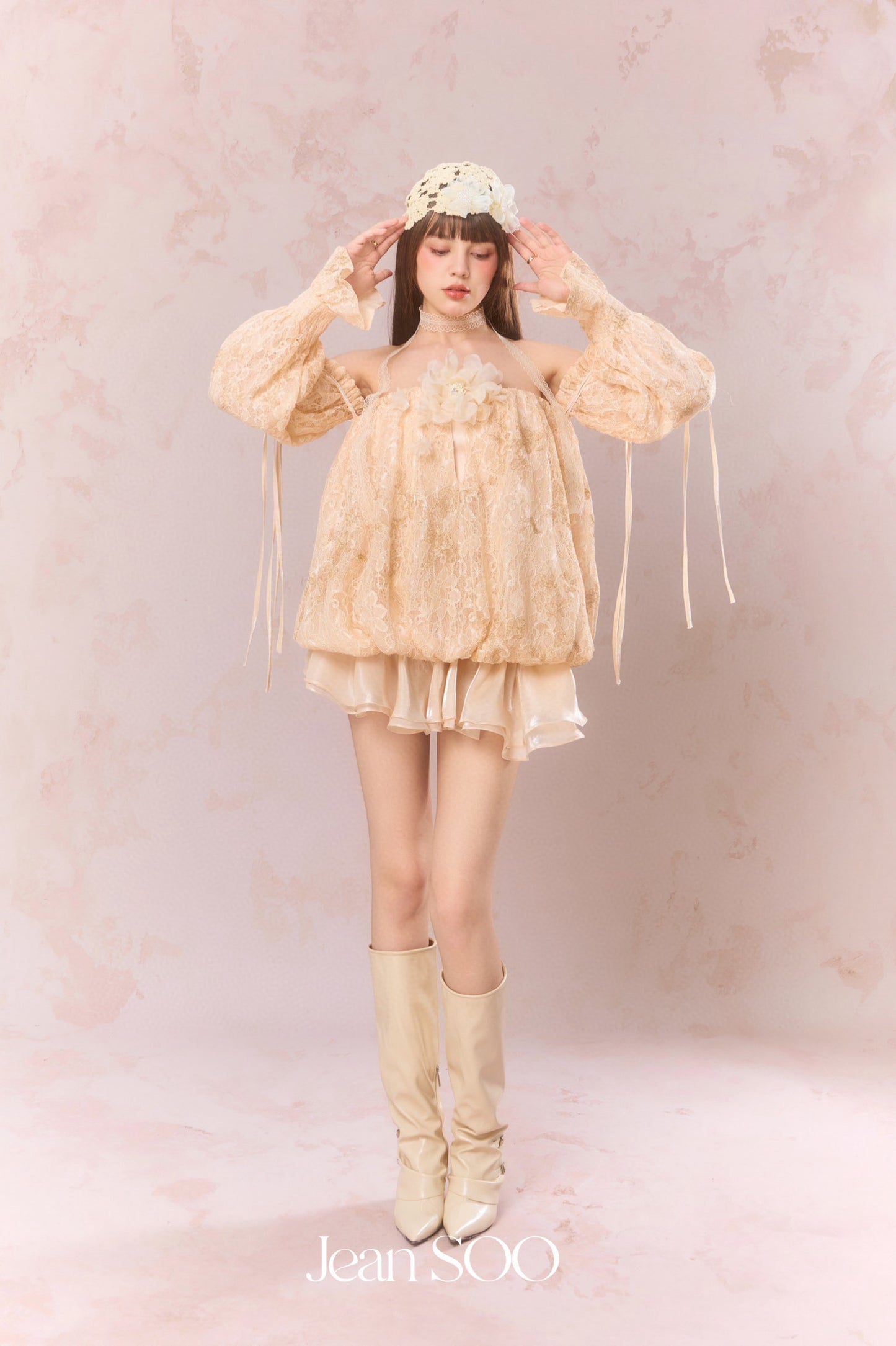 JEAN SOO Nude Lace One Shoulder Mini Dress