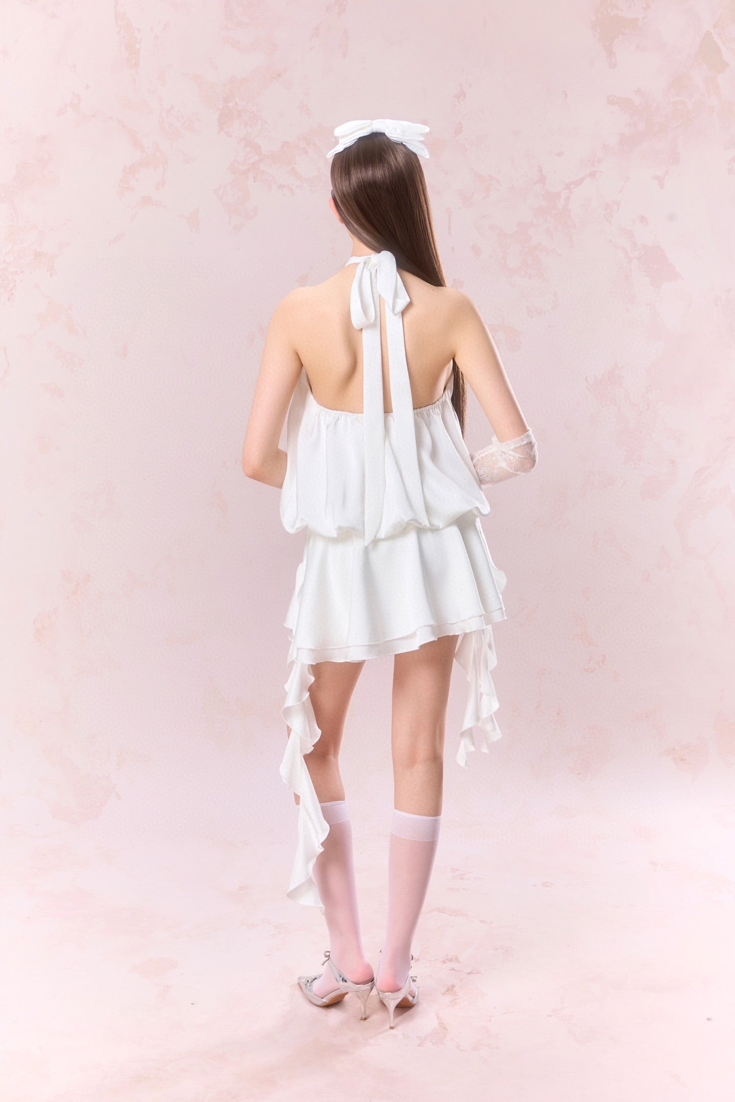 JEAN SOO White Rose Backless Satin Mini Dress