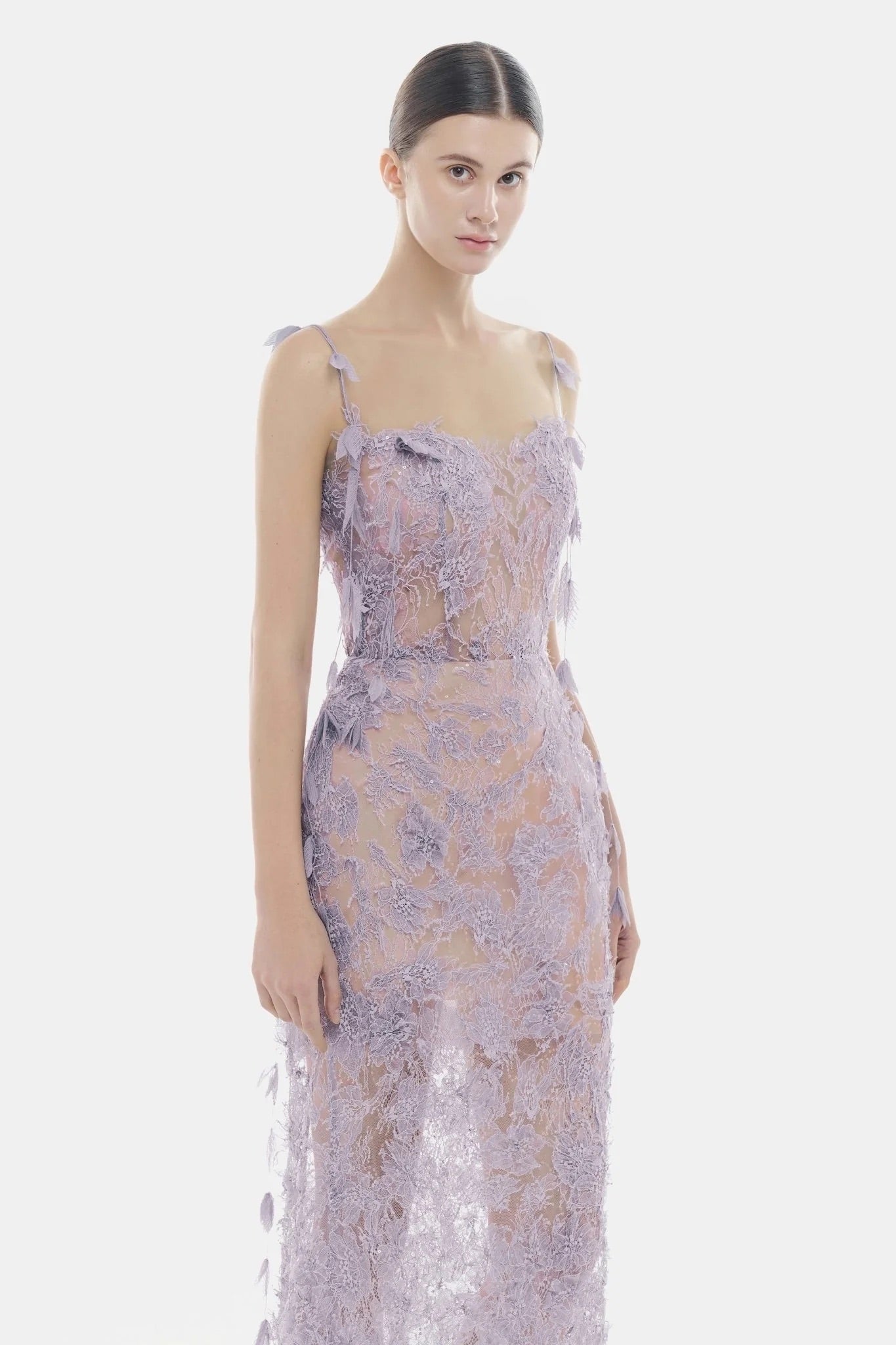 MONTSAND Purple Beaded Lace Pencil Dress
