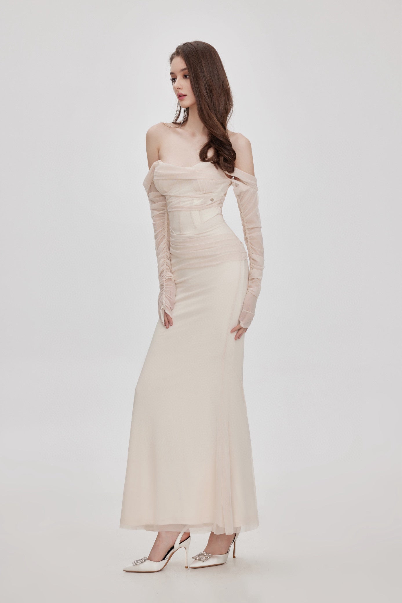 SHEERLUCK Nude & Black Fishtail maxi dress