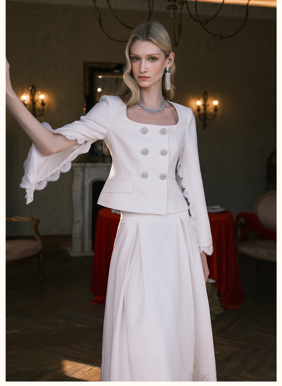 SHEERLUCK Black Mirage Vintage Stand Collar Lace & Diamond-embellished Jacket & Skirt