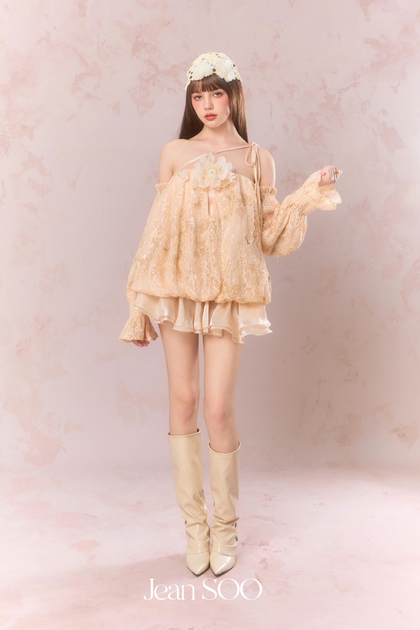JEAN SOO Nude Lace One Shoulder Mini Dress