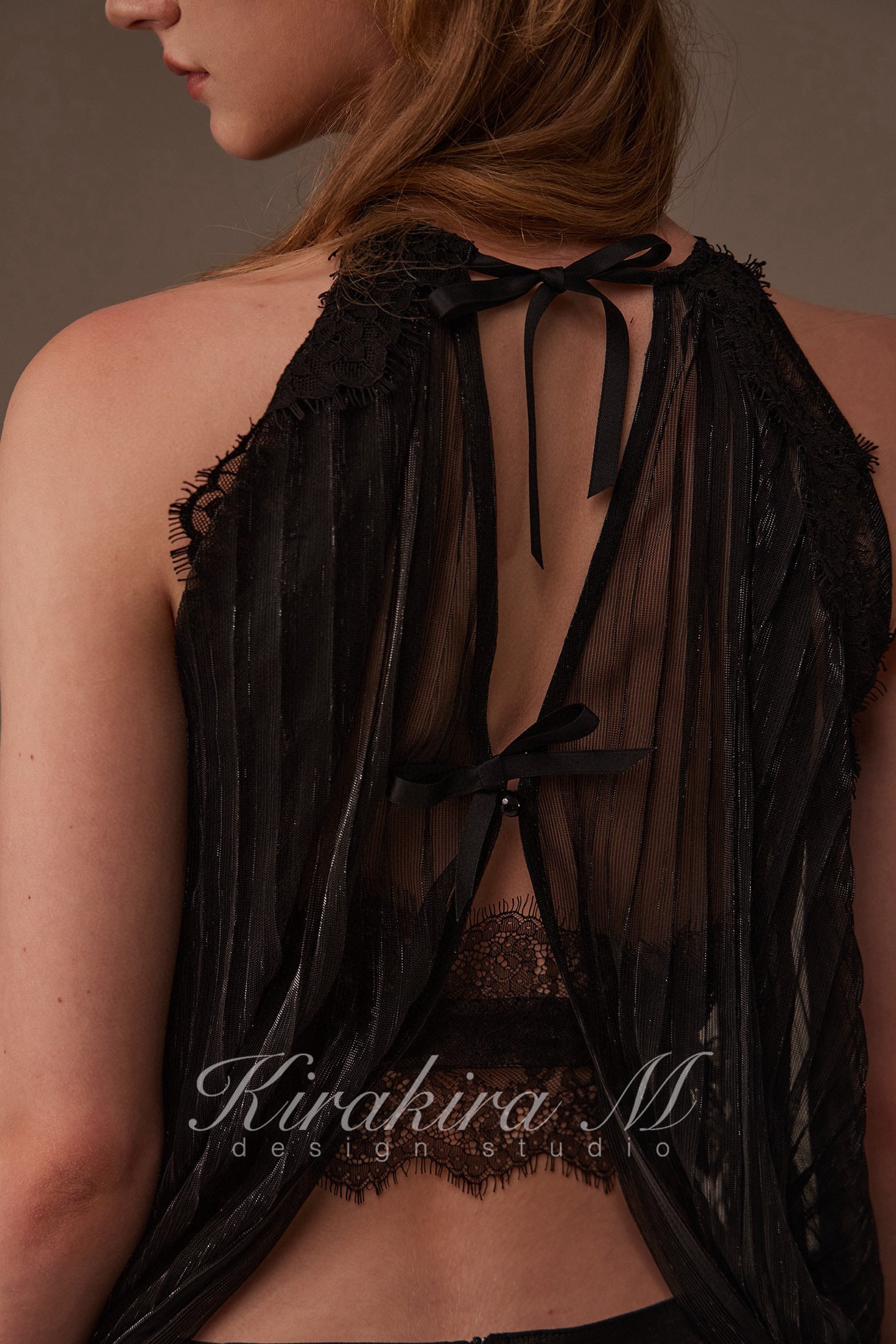 Kirakira M Black Shiny Silk Pleated Lace Hanging Neck Top & Lace Low Rise Trousers & Lace Shorts