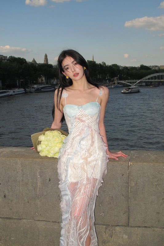 Chengchengling Blue and yellow Lace Midi Dress