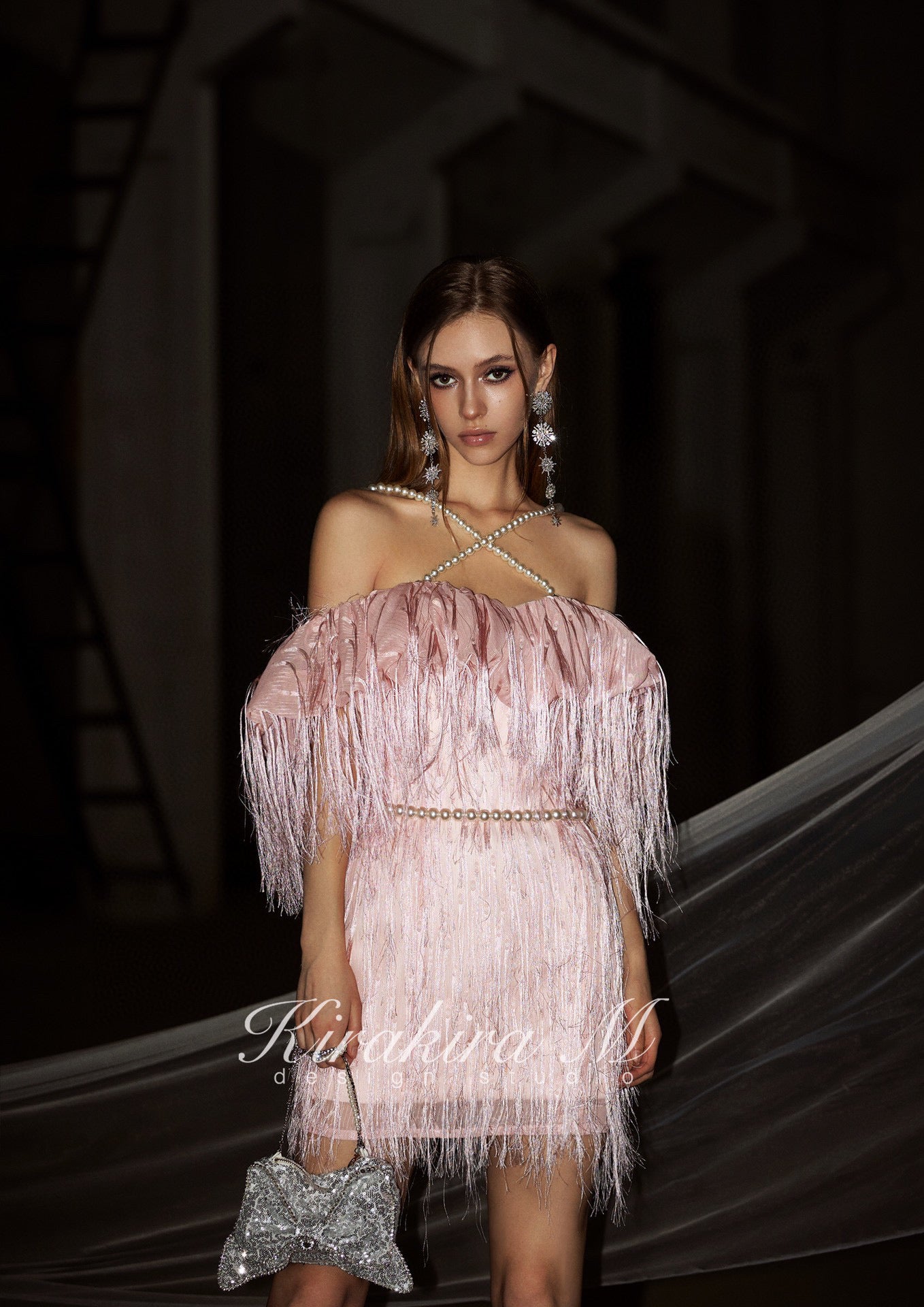kirakira M Pink Fringed Backless Gown mini Dress