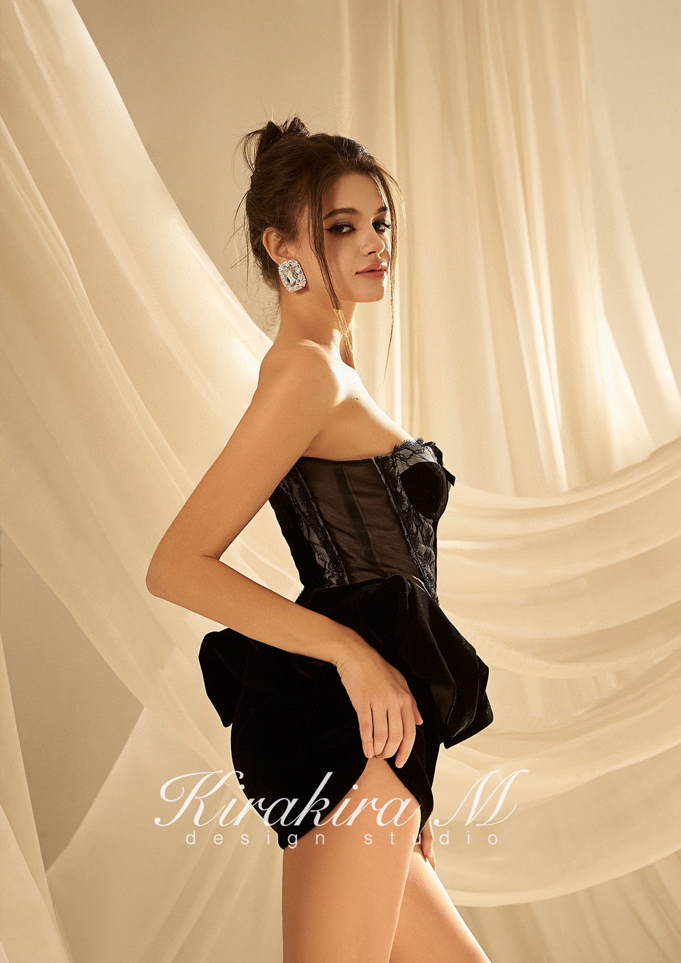 KIRAKIRA M Black velvet strapless mini dress with laced detail