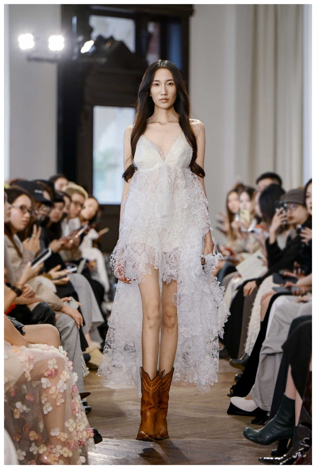 White Off-White V-Neck Spaghetti Strap Lace Top & Midi Skirt