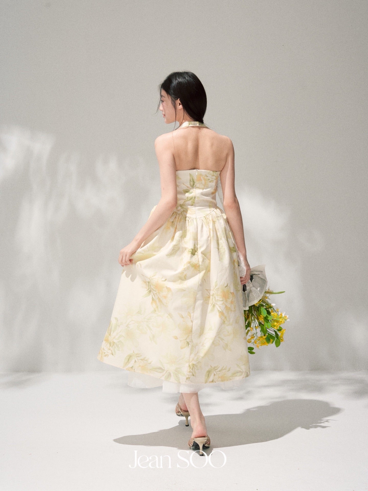 Yellow Ink Floral Halter Strapless Bow Swing Midi Dress
